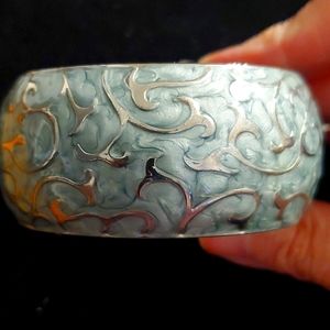 Clamp Bracelet Blueish Green and Silver Tone Hinged Bracelet